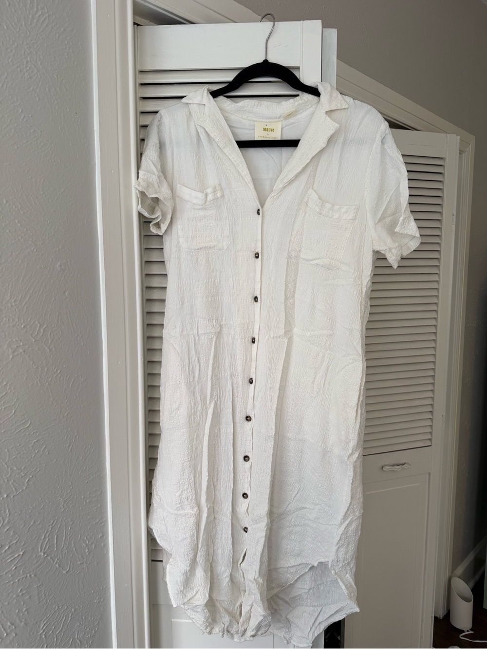 Anthropologie White Textured Button-Front Midi Shirt Dress